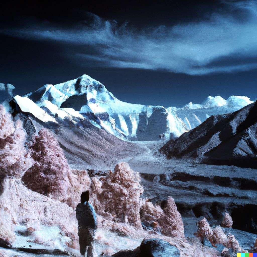someone gazing at Mount Everest, photograph, infrared